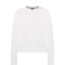 Sweaty Betty Sweat Top in Ecru Beige, crew neck, long sleeves with tonal stripe trim, relaxed cropped fit