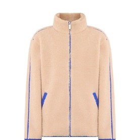 Sweaty Betty Desert/Beige sherpa fleece zip-up jacket with cobalt blue contrast trim and side pockets