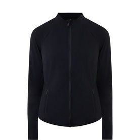 Sweaty Betty black zip-through bomber jacket with raglan sleeves, ribbed collar, and side zip pockets