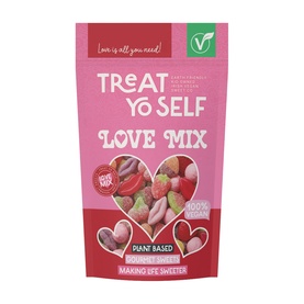 Treat Yo Self Love Mix 800g pink pouch, plant-based vegan fizzy hearts and soft bonbons in multi-coloured fruit blend