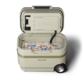 Solo Stove Windchill 47 Cooler & Fan in sandy beige, open lid revealing ice and canned drinks, with wheels and integrated handle