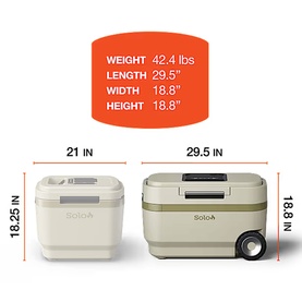Solo Stove Windchill 47 Cooler & Fan size comparison diagram showing two units with dimensions: 42.4 lbs, 29.5"L, 18.8"W, 18.8"H
