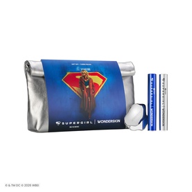 Wonderskin Supergirl make-up set with silver pouch, lip product, and blotting sponge in Superman-themed packaging