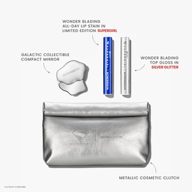 Wonderskin Make Up Set with silver metallic clutch, galactic compact mirror, lip stain in Supergirl and Top Gloss in Silver Glitter