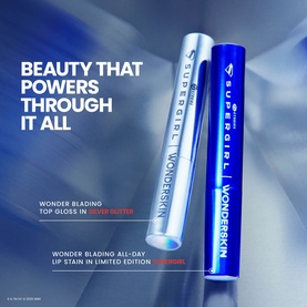 Wonderskin Supergirl limited edition make-up set featuring two blue tubes: Wonder Blading Top Gloss and All-Day Lip Stain