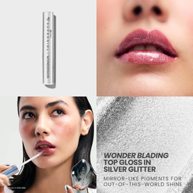 Wonderskin Wonder Blading Top Gloss in Silver Glitter makeup set; collage showing product tube, glossy berry lips, and model application