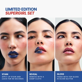 Wonderskin Limited Edition Supergirl Set shown in three steps: Stain, Reveal, and Gloss, demonstrating a bold blue-to-gloss lip transformation.