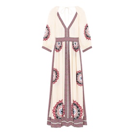 Bash cream maxi dress with V-neckline, three-quarter sleeves, and paisley medallion embroidered border print throughout