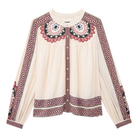 Bash cream blouse with oversized embroidered collar, floral folk-print border detail, and button-front fastening