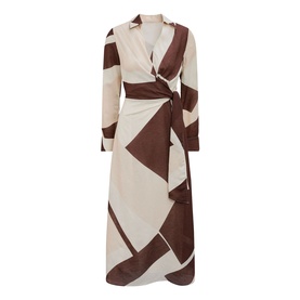 Forever New midi wrap dress in Driftwood Geo, cream and brown geometric print, long sleeves, tie waist, V-neckline