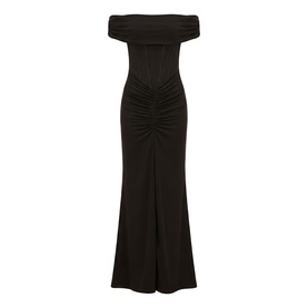 Forever New black off-shoulder maxi dress with ruched bodice and fishtail hem, flatlay view