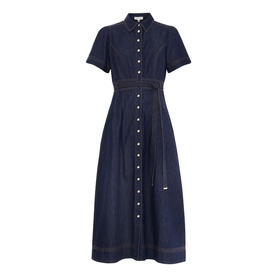 Phase Eight blue denim midi shirt dress with short sleeves, button-through front, self-tie belt and A-line skirt