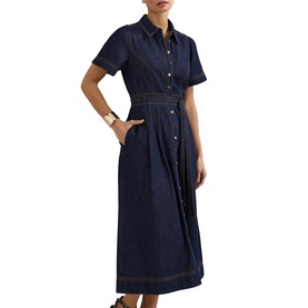 Model wearing Phase Eight blue denim midi shirt dress with short sleeves, button-front fastening, and belted waist