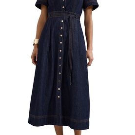 Model wearing Phase Eight blue denim midi dress with flutter sleeves, button-front, contrast stitching and self-tie belt, styled with a gold watch