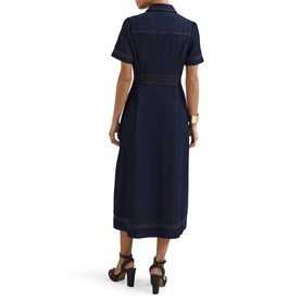 Model wearing Phase Eight blue denim midi shirt dress with short sleeves, topstitching detail and belted waist, styled with block-heel sandals.