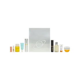 Brown Thomas beauty gift set with silver box and assorted skincare, fragrance and cosmetic miniatures in various sizes