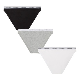 Calvin Klein Carousel Bikini briefs 3-pack in black, grey heather and white with logo waistbands, laid flat.