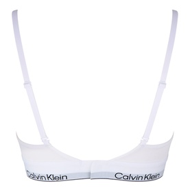 Calvin Klein white bralette, rear view showing adjustable straps and branded elasticated underband waistband.