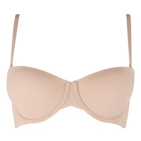 Calvin Klein Strapless Bra in Cedar, smooth moulded cups with detachable straps, no model, flat lay product shot.