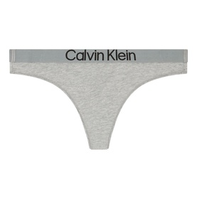 Calvin Klein thong in Grey Heather, cotton blend with branded elasticated waistband, flat lay product shot.