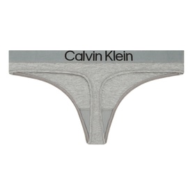 Calvin Klein thong in Grey Heather, cotton blend with branded elasticated waistband, flat lay view