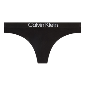 Calvin Klein black cotton thong with wide logo waistband in white lettering, flat product shot
