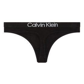 Calvin Klein black cotton thong with wide elasticated logo waistband, flat lay view