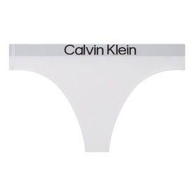 Calvin Klein white cotton thong with branded grey elastic waistband, flat lay product shot
