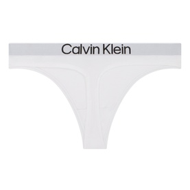 Calvin Klein white cotton thong with wide logo waistband in grey and black.