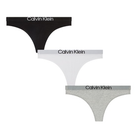 Calvin Klein thong 3-pack in black, white, and grey heather with branded elastic waistband, cotton blend