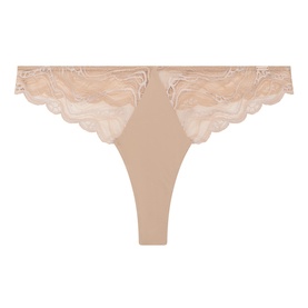 Calvin Klein thong in cedar beige with scalloped lace waistband and side panels, cotton-blend fabric
