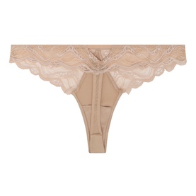 Calvin Klein thong in 7NS Cedar, featuring scalloped lace waistband and smooth cotton gusset, flatlay view.
