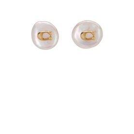 Coach Logo Pearl Stud Earrings in pearl white with gold-tone C logo hardware, brass stud fastenings