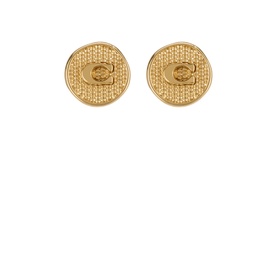 Coach Logo Coin Textured Stud Earrings in shiny gold, circular disc design with embossed C logo and ridged texture, brass construction
