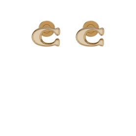 Coach C Logo Stud Earrings in white and gold-tone brass, featuring signature C motif with stud fastenings