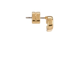 Coach C Logo Stud Earrings in gold-toned brass, small hoop-style studs with engraved C logo detail, side profile view