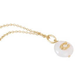 Coach Logo Pearl Pendant Necklace in gold-tone brass chain with faux pearl drop pendant featuring engraved C logo detail