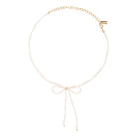 Coach Bow Pearl Choker Necklace in pearl and gold tone, featuring faux pearl beading, bow motif pendant, and adjustable gold chain clasp