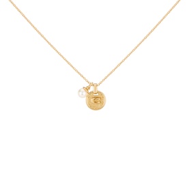 Coach Logo Textured Pendant Necklace in shiny gold-tone with engraved coin charm, pearl drop detail, and delicate chain