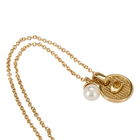 Coach Logo Textured Pendant Necklace in shiny gold-tone metal with circular coin motif, logo detail and freshwater pearl charm on fine chain.