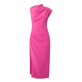 Elliatt Chantal Asymmetrical Dress in pink, mock neckline, asymmetric shoulder, ruched waist detail, midi length with side split