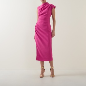Model wearing Elliatt Chantal Asymmetrical Dress in pink, midi length with mock neckline and asymmetric sleeve detail, styled with strappy heels.