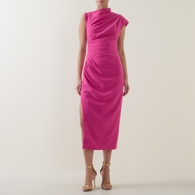 Model wearing Elliatt Chantal Asymmetrical Dress in pink, midi length with mock neckline and shoulder tuck detail, styled with strappy heels.