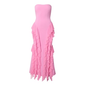 Elliatt pink strapless gown with tiered ruffle skirt and asymmetric hem