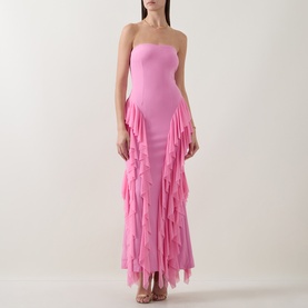Model wearing Elliatt pink strapless maxi gown with tiered ruffle skirt detailing
