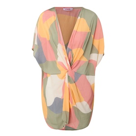Eres Nuance Printed Kaftan in multi colourway, V-neckline, twist-ruched front detail, short sleeves, abstract pastel print