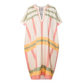Eres multi-coloured silk kaftan dress with V-neckline, short sleeves, and striped print in pink, green, yellow, and cream.