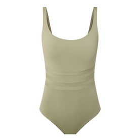 Eres green swimsuit with scoop neckline, wide straps, and ruched waistband detail in sage polyamide-elastane fabric