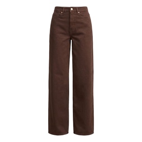 Forever New chocolate wide-leg high-rise jeans with gold-tone hardware, flat lay shot