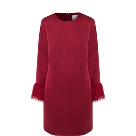 Joseph Ribkoff dark red long-sleeve mini dress with feather-trimmed cuffs and round neck, flatlay view